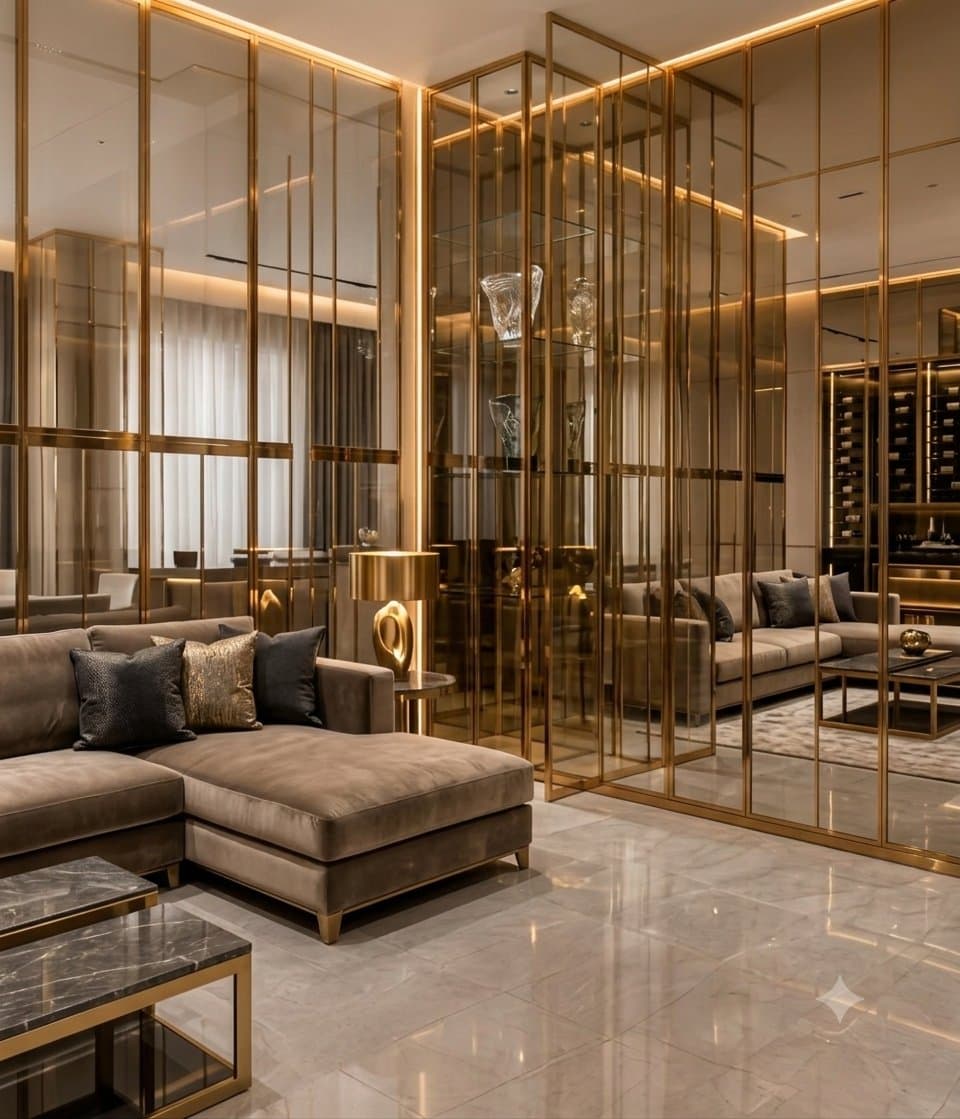 Living room with a gold-framed glass partition, cream sofa, and marble floor