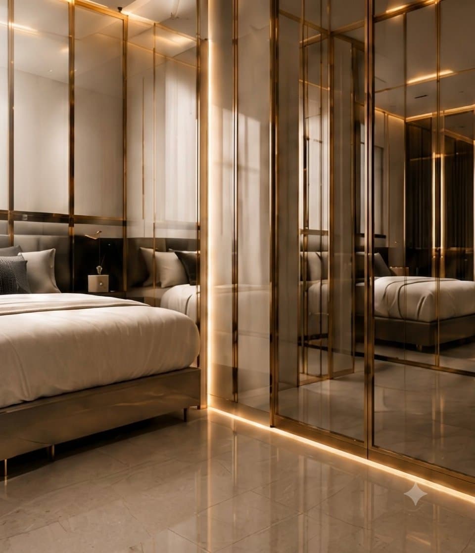 Bedroom with a gold-framed glass partition and warm light lines along the wall