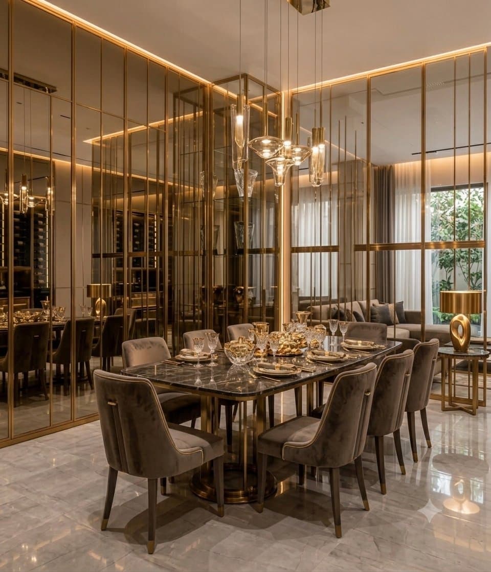 Dining room with a mirrored wall in gold trim, marble table, and pendant lamp