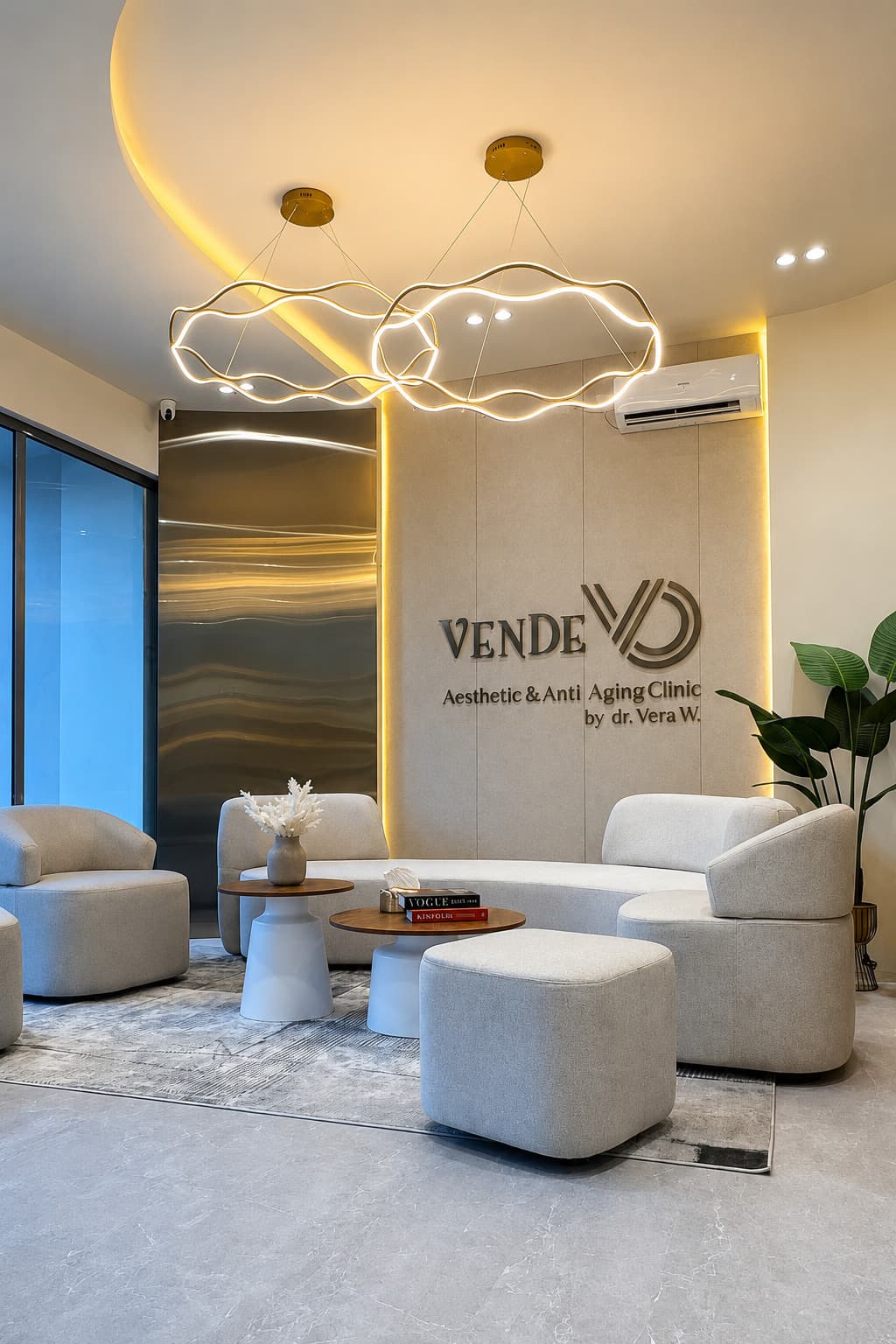 Waiting room at Vende Aesthetic & Anti Aging Clinic: cream walls with gold trim, a wave-patterned stainless door, and two circular pendant lights